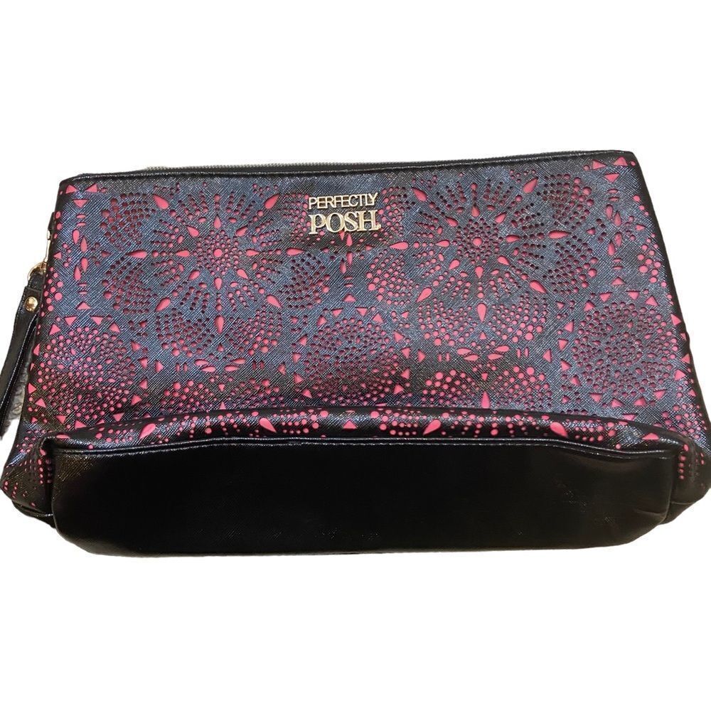 Brand New Perfectly Posh Black and Pink Laser Cut Design Make Up Bag 11”x7.5”